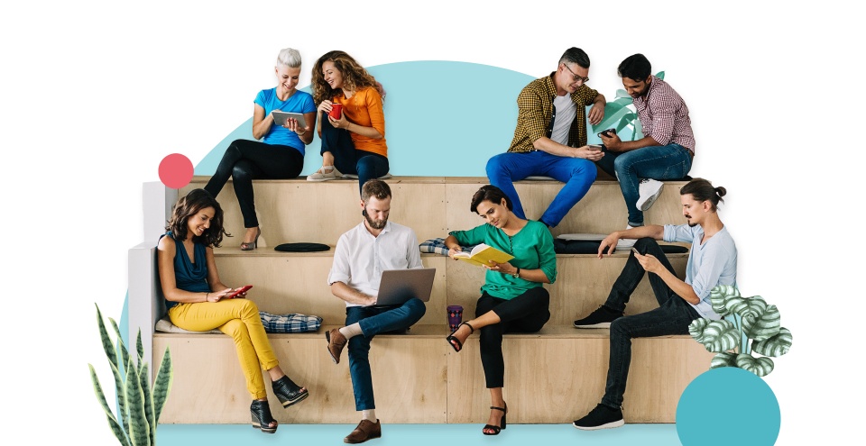Eight people sitting on a wood bench working in different ways