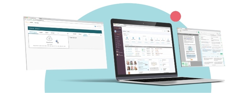 A laptop with some isometric screens floating around with LanguageWire's technology solutions user interfaces