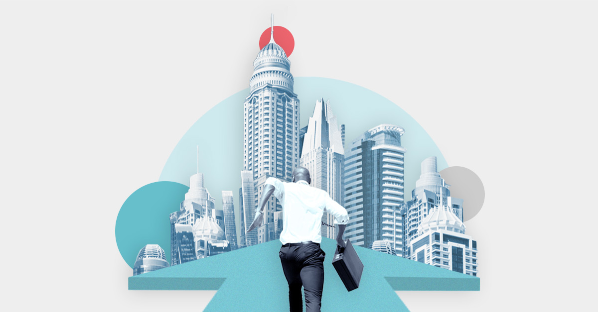  Illustration d'un collage avec un homme d'affaires courant au-dessus d'une flèche se dirigeant vers une ville avec de grands bâtiments