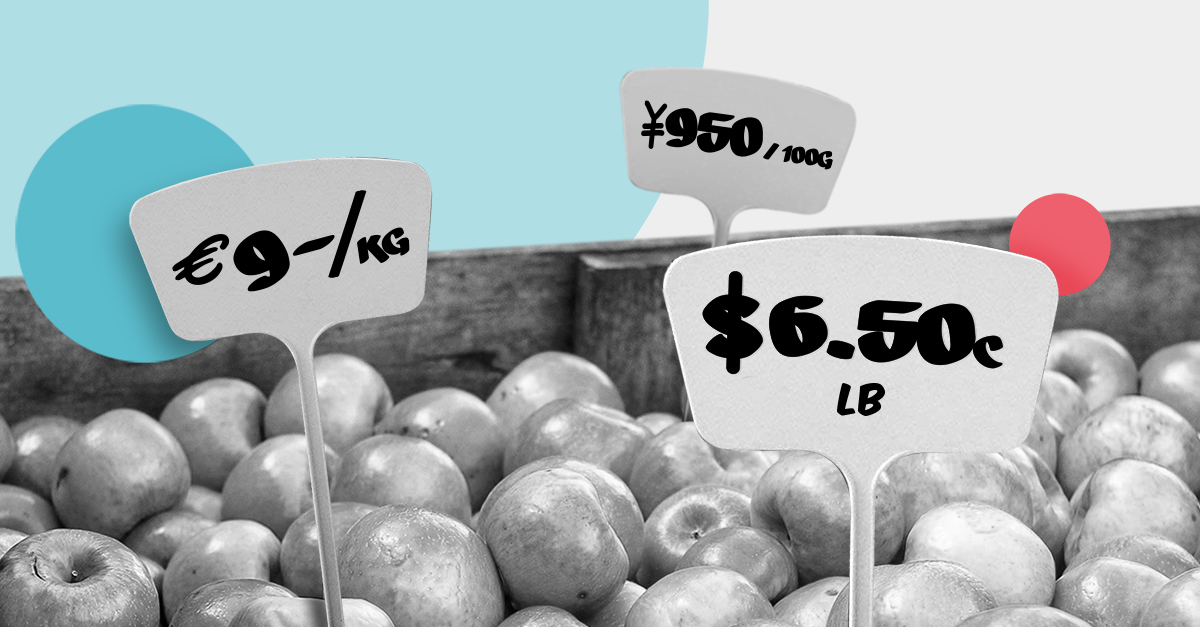 A market showing different prices for apples in various currencies